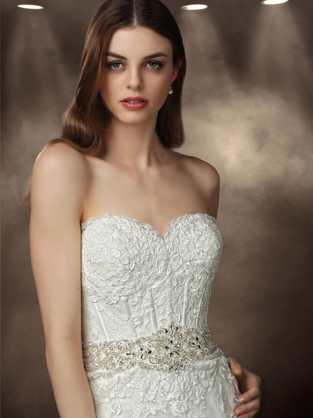 Strapless White Lace Wedding Gown with Beaded Waist